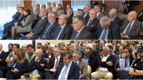 Los banquillos de los acusados en los juicios de la pieza política de los ERE (arriba), en la Audiencia de Sevilla, y de la primera época de la Gürtel (abajo), en la Audiencia Nacional. EFE