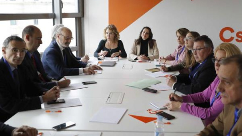 La portavoz del Ciudadanos en el Congreso, Inés Arrimadas (c, dcha), y la portavoz de Educación de este grupo parlamentario, Marta Martín (c, izda.), se reúnen con las asociaciones relacionadas con la escuela concertada -Canae, Concapa, Uso