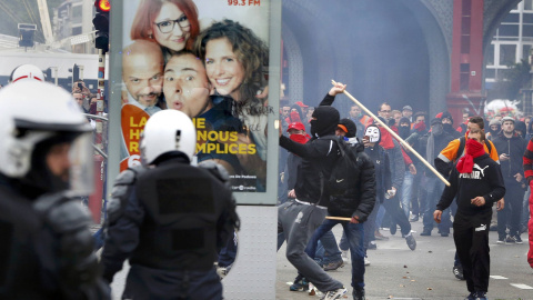 Un manifestante rompe un panel publicitario durante los enfrentamientos en Bruselas durante una marcha contra las reformas y recortes del gobierno belga.- REUTERS/Yves Herman