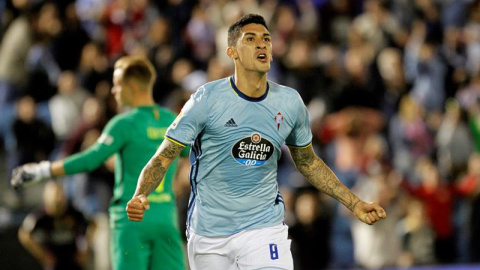 Pablo Hernández celebra el cuarto gol del Celta ante el portero Ter Stegen. /EFE