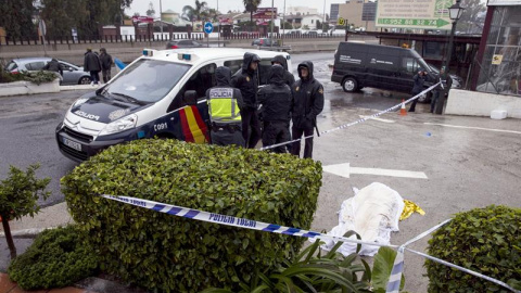 Agentes de la policía en las inmediaciones del Centro Comercial de Estepona (Málaga) donde una mujer ha sido hallada muerta. - EFE