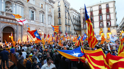 Imagen de la plaza Sant Jaume de Barcelona, en una reciente concentración por la independencia.