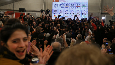 Los seguidores de Syriza observan en un panel los resultados de las elecciones adalantados por los sondeos a pie de urna. REUTERS/Marko Djurica