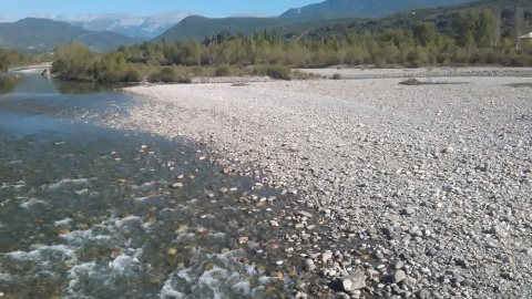 El río Cinca, el principal afluente del Ebro por su volumen de agua, bajaba así esta semana a su paso por Aínsa, en el Pirineo oscense.