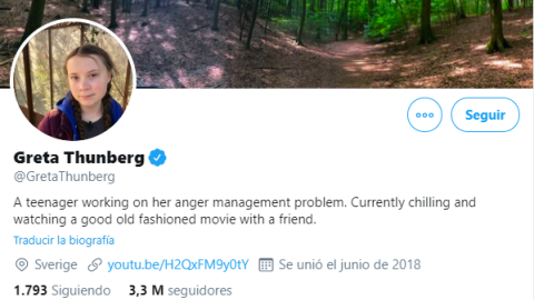 Imagen de la descripción de Twitter de la activista sueca Greta Thunberg, en la que se lee: "Una adolescente trabajando en su  problema de control de ira. Actualmente, relajándome y viendo una buena película antigua con una amiga"./ Captura