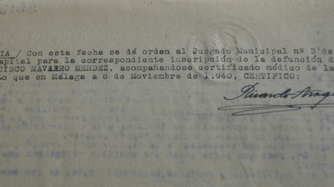 Documento que certifica la muerte de Francisco Navarro en 1940.