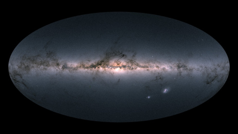 La Vía Láctea en su color natural, observada recientemente por el satélite Gaia. En el centro del plano galáctico está la brillante área que esconde el agujero negro supermasivo Sagitario A./ ESA