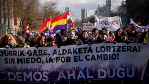 Más de 100.000 personas han participado este sábado en la Marcha del Cambia, convocada por Podemos en Madrid. -JAIRO VARGAS