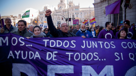 Más de 100.000 personas han participado este sábado en la Marcha del Cambia, convocada por Podemos en Madrid. -JAIRO VARGAS