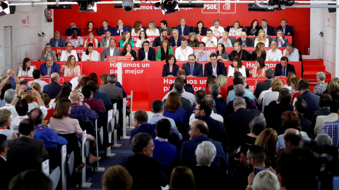 El secretario general del PSOE, Pedro Sánchez (4d), la presidenta, Cristina Narbona (3d), y el secretario de Organización del PSOE, José Luis Ábalos (5i), entre otros, en la reunión del Comité Federal del PSOE. EFE/Chema Moya