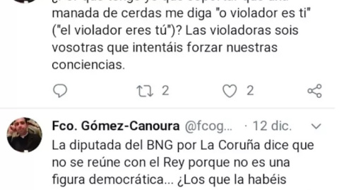 Tuits del párroco de Zas, Francisco Gómez-Canoura, en los que llama "manada de cerdas" a las feministas y "gilipollas" a los votantes del BNG - EUROPA PRESS (TWITTER)