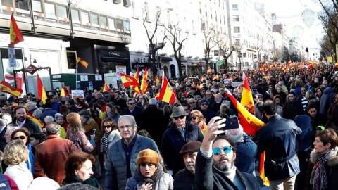 Vista de los participantes en la manifestación celebrada hoy en Madrid, convocada en redes sociales bajo en lema "Por el Futuro de España Unida", coincidiendo con la primera sesión de la jornada de investidura de Pedro Sánchez. EFE/Zipi