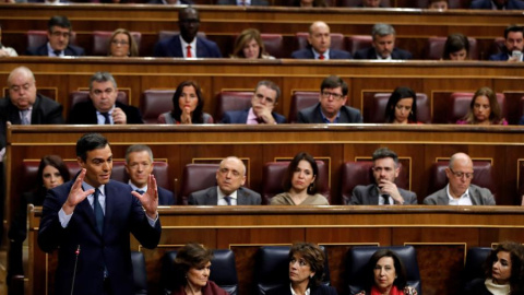 El candidato a la Presidencia del Gobierno, Pedro Sánchez, durante una de sus intervenciones