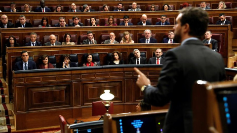 El presidente del PP, Pablo Casado (d), interviene desde su escaño, durante la segunda jornada del debate de la investidura de Pedro Sánchez como presidente del Gobierno este domingo en el Congreso de los Diputados. EFE/Juan Carlos Hidalgo