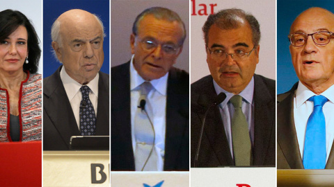 Los presidentes de los grandes bancos españoles: Ana P. Botín (Santander), Francisco González (BBVA), Isidre Fainé (Caixabank), Ángel Ron (Popular) y Josep Oli´(Sabadell). REUTERS