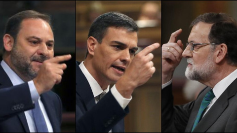 El secretario general del PSOE, Pedro Sánchez; el presidente del gobierno, Mariano Rajoy, y el diputado del PSOE José Luis Ábalos. /EFE