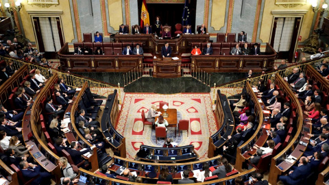 07/01/2020.- El presidente del Gobierno en funciones, Pedro Sánchez, durante su intervención al inicio de la tercera jornada del debate de su investidura como presidente del Ejecutivo de la nueva legislatura, este martes en el Congreso. EFE