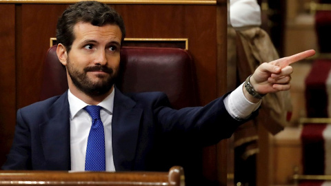 El líder del PP, Pablo Casado, este martes en el Congreso. EFE/Juan Carlos Hidalgo