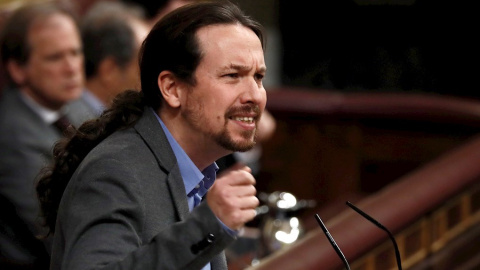 El líder de Unidas Podemos, Pablo iglesias, durante su intervención este martes en el Congreso. EFE/Mariscal