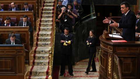 El secretario general del PSOE, Pedro Sanchez, durante su intervención en el debate de la moción de censura contra Mariano Rajoy. REUTERS/Sergio Perez