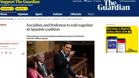 Captura de pantalla de la noticia sobre la investidura de Pedro Sánchez en el medio 'The Guardian'