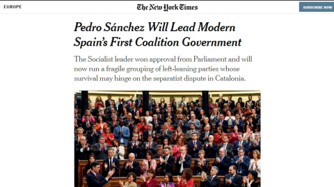 Captura de pantalla de la noticia sobre la investidura de Pedro Sánchez en el medio 'The New York Times'