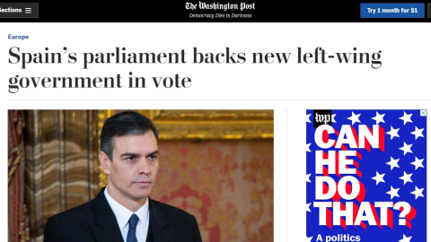 Captura de pantalla de la noticia sobre la investidura de Pedro Sánchez en el medio 'The Washington Post'