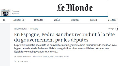 Captura de pantalla de la noticia sobre la investidura de Pedro Sánchez en el medio 'Le Monde'.