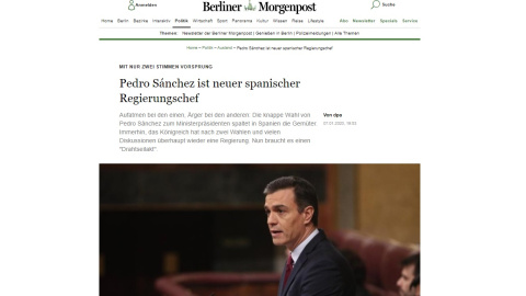 Captura de pantalla de la noticia sobre la investidura de Pedro Sánchez en el medio 'Berliner Morgenpost'