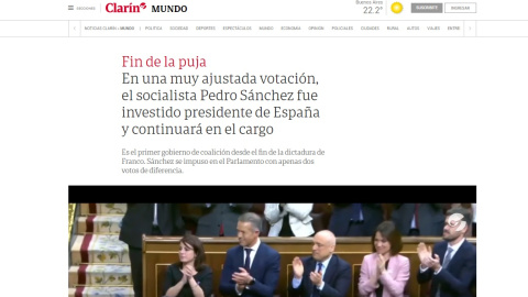 Captura de pantalla de la noticia sobre la investidura de Pedro Sánchez en el medio 'Clarín'