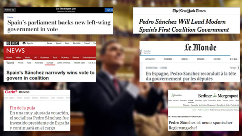 Captura de pantalla de titulares de noticias sobre la investidura de Pedro Sánchez en varios medios extranjeros.