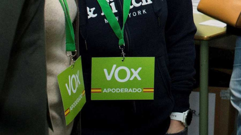 Credenciales de dos apoderados de Vox durante las elecciones generales. / EFE - LUCA PIERGIOVANNI