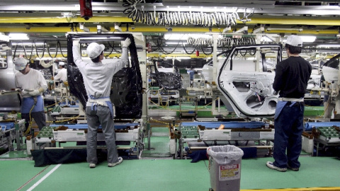 Una cadena de montaje de la corporación Toyota, en Aichi (Japón).