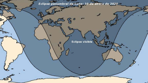 Zonas donde se podrá observar el eclipse del 10 de enero (en algunas regiones solo durante la salida de la Luna –Atlántico– o puesta –Pacífico–). / OAN-IGN