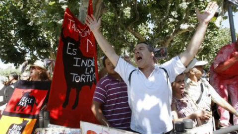 Manifestantes muestran su alegría tras la aprobación en el Parlament catalán de la Iniciativa Legislativa Popular (ILP) a favor de la supresión de los festejos taurinos en Catalunya. Archivo/EFE