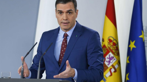 MADRID, 12/01/2020.- El presidente del Gobierno, Pedro Sánchez, en una comparecencia en el Palacio de la Moncloa, ha garantizado el "firme propósito de unidad" de su Ejecutivo de coalición entre el PSOE y Unidas Podemos que "tendrá varias v