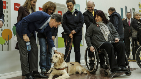 El presidente de la Comunidad de Madrid,Ignacio González, con la vicepresidenta de la ONCE, y algunos perros guía de la organización de ciegos. COMUNIDAD DE MADRID