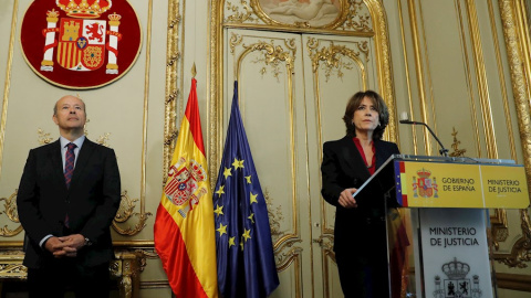 Dolores Delgado, durante su intervención en el acto toma de posesión del nuevo ministro de Justicia, Juan Carlos Campo,  en el Palacio de Parcent. EFE/Ballesteros