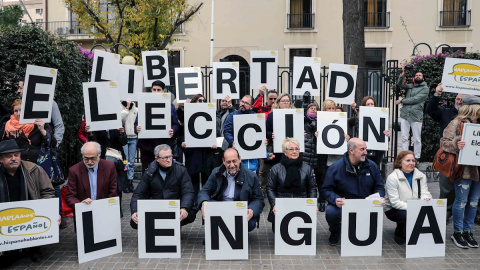 18/01/2020.- Varias personas participan en la concentración "Por la libertad de elección de lengua" en la Educación, celebrada este sábado en Valencia, a la que han anunciado su respaldo PP, Ciudadanos y Vox. EFE/Ana Escobar