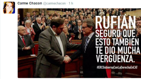 Tuit de Carme Chacón arremetiendo contra Gabriel Rufián por su discurso de ayer en el Congreso.