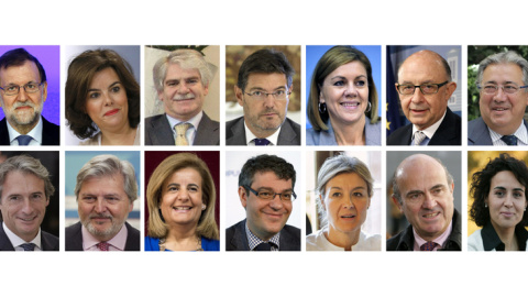 Combo del presidente del Gobierno,Mariano Rajoy, junto a sus ministros del nuevo Gobierno. De izda a dcha, de arriba a abajo: Mariano Rajoy, presidente del Gobierno; Soraya Sáenz de Santamaría, vicepresidenta del Gobierno y ministra de la P