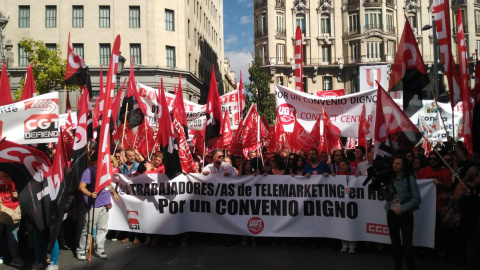 Trabajadores de telemarketing durante la huelga del 6 de octubre en Madrid / CCOO TRANSCOM MADRID