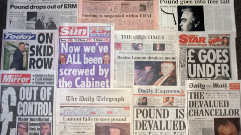 Portadas de los periódicos británicos de septiembre de 1992, tras el llamado Miércoles Negro en el que la libra sufrió un fuerte ataque de especuladores que provocaron su devaualción.