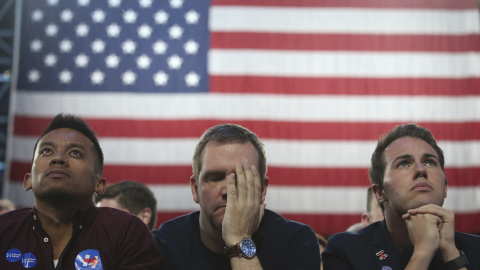 Votantes que apoyan a la candidata demócrata Hillary Clinton reaccionan a los resultados de las elecciones en Nueva York, EEUU. / REUTERS