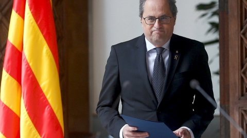 29/01/2020.- El presidente de la Generalitat, Quim Torra, durante la declaración institucional que ha ofrecido este miércoles en el Palau de la Generalitat en la que ha dicho que la legislatura catalana "ya no tiene más recorrido político",