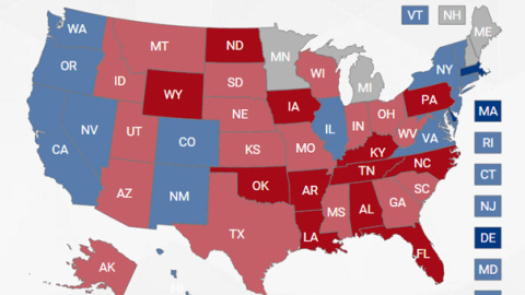 El mapa de EEUU coloreado de rojo republicano.