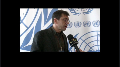 Juan Carlos Monedero en una entrevista este martes, en la reunión de la ONU.