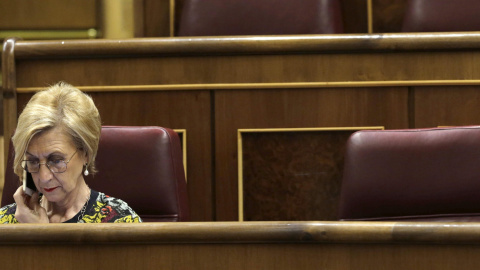 La portavoz de UPyD en el Congreso, Rosa Díez, en su escaño en el Congreso de los Diputados. EFE/ZIPI