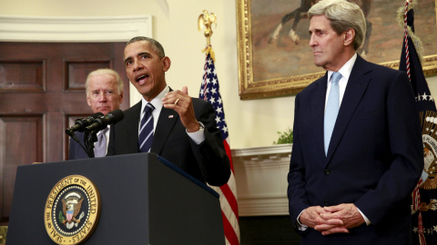 Obama, junto al Vicepresidente Joe Biden y el Secretario de Estado John Kerry