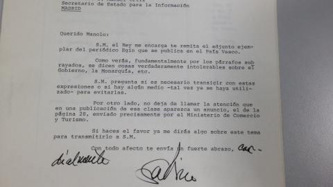 Carta del entonces jefe de la Casa del Rey, Sabino Fernández Campo, interesándose por “qué se puede hacer" para evitar las informaciones publicadas por Egin. J.A.B.